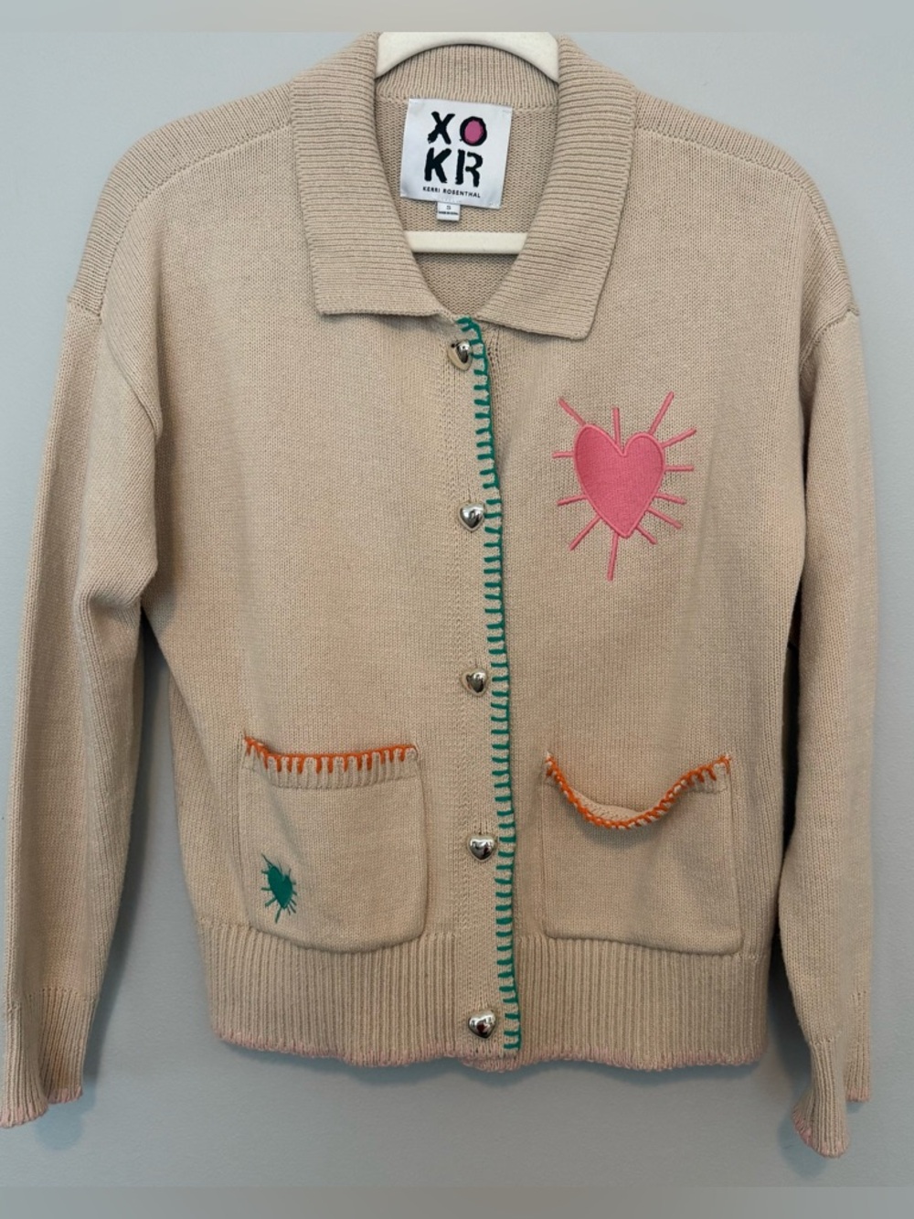 Kerri Rosenthal Beige Knit Cardigan with Pink Heart Detail